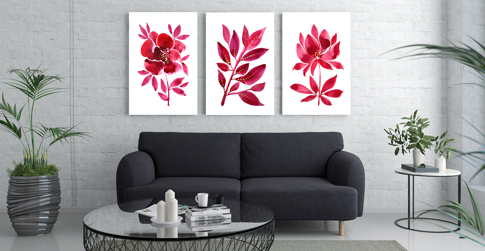 Painted Pink Flowers wall art - 3 print set