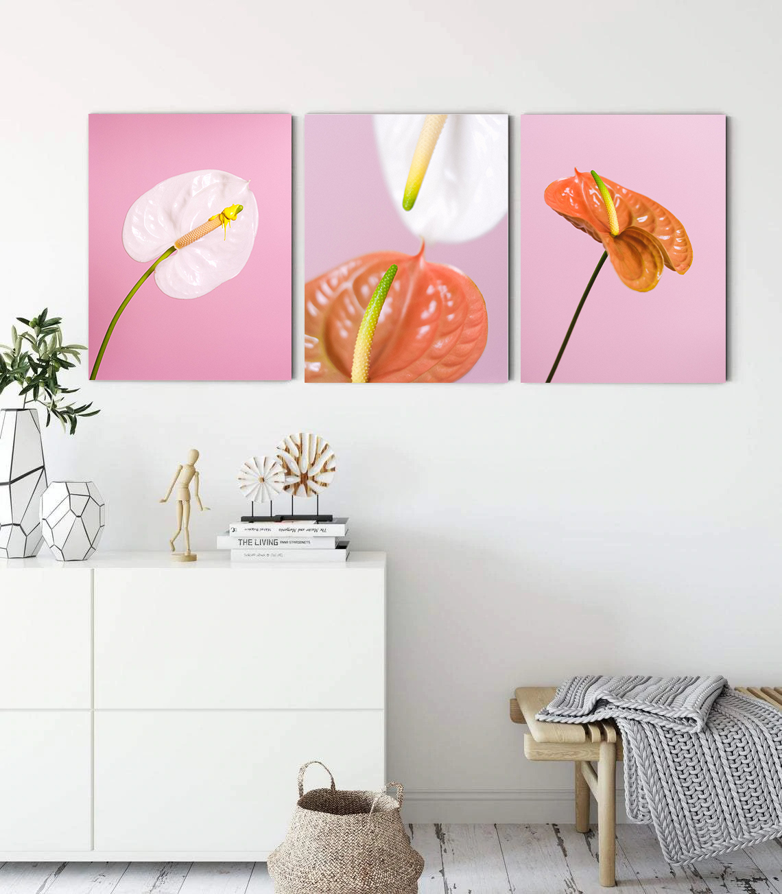 Flowers on a Pink Background wall art - 3 print set