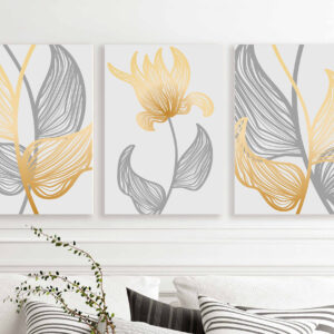 Yellow and Grey Linear Flowers wall art - 3 print set