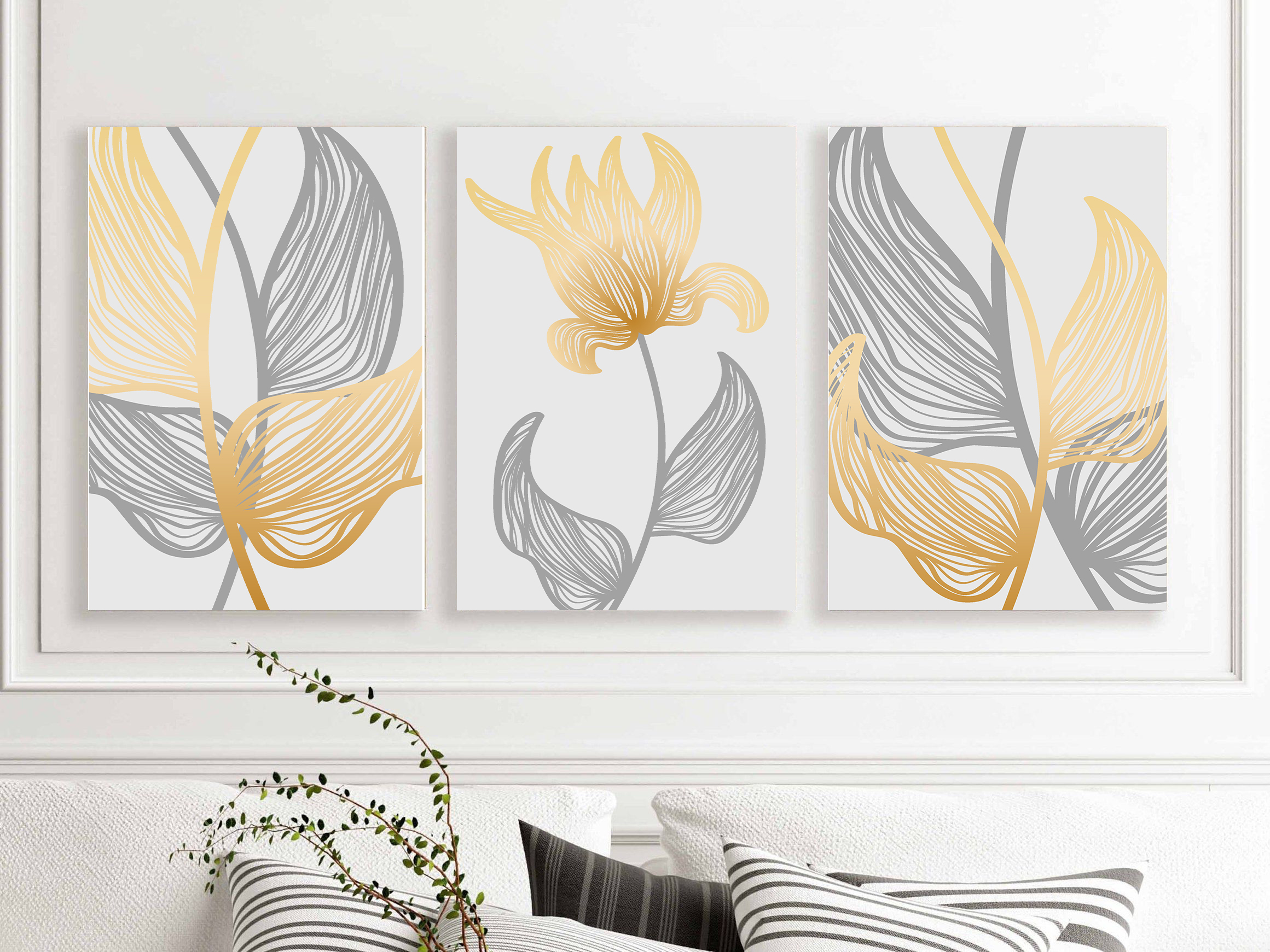 Yellow and Grey Linear Flowers wall art - 3 print set