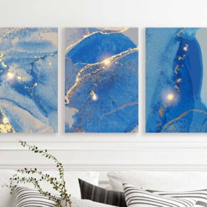Blue and Gold Abstract Pattern wall art - 3 print set
