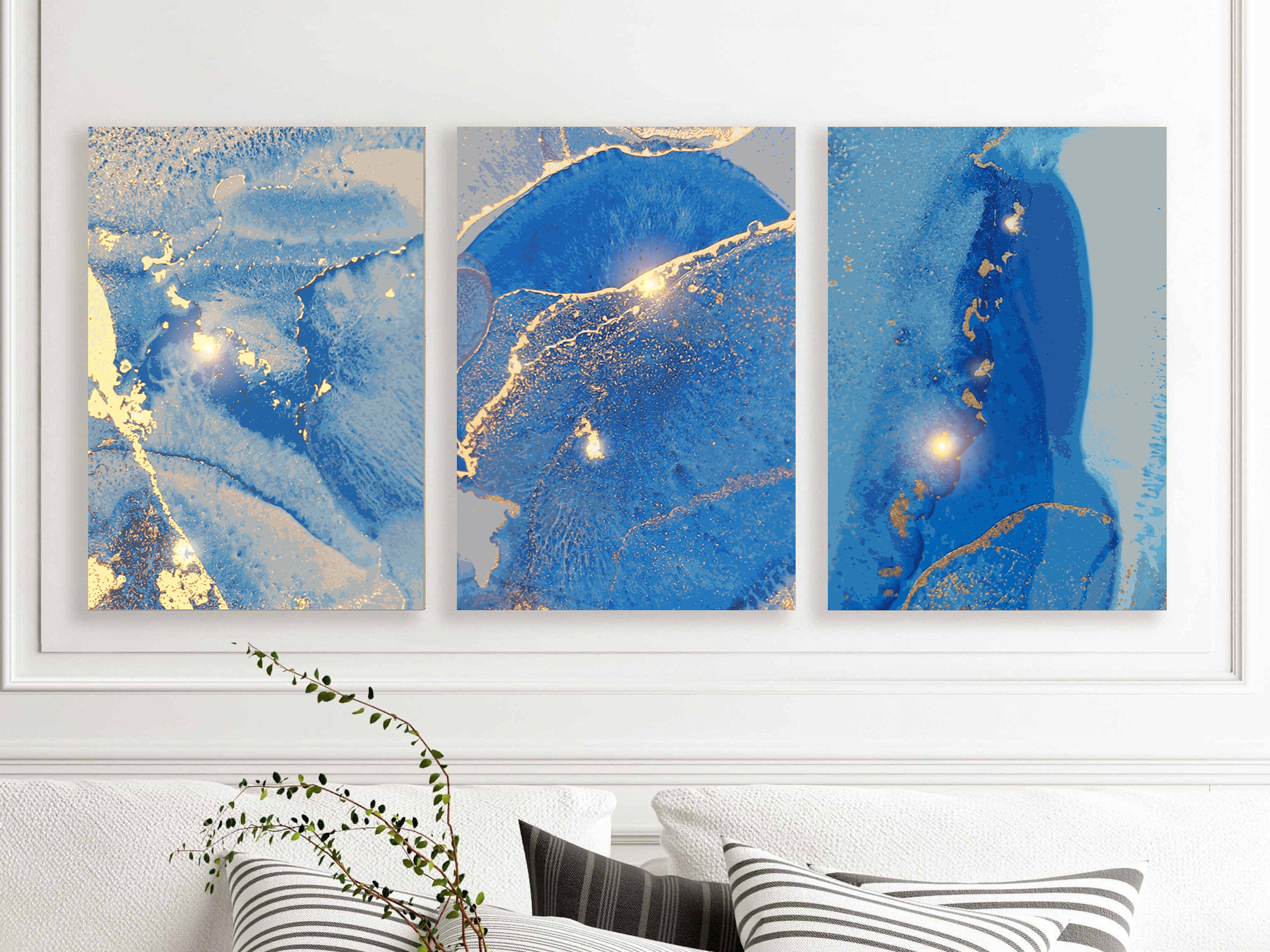 Blue and Gold Abstract Pattern wall art - 3 print set