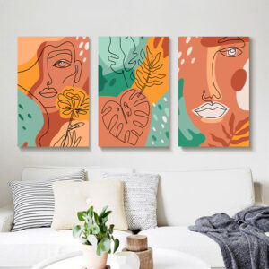 Linear Abstract Portrait with Leaves wall art - 3 print set
