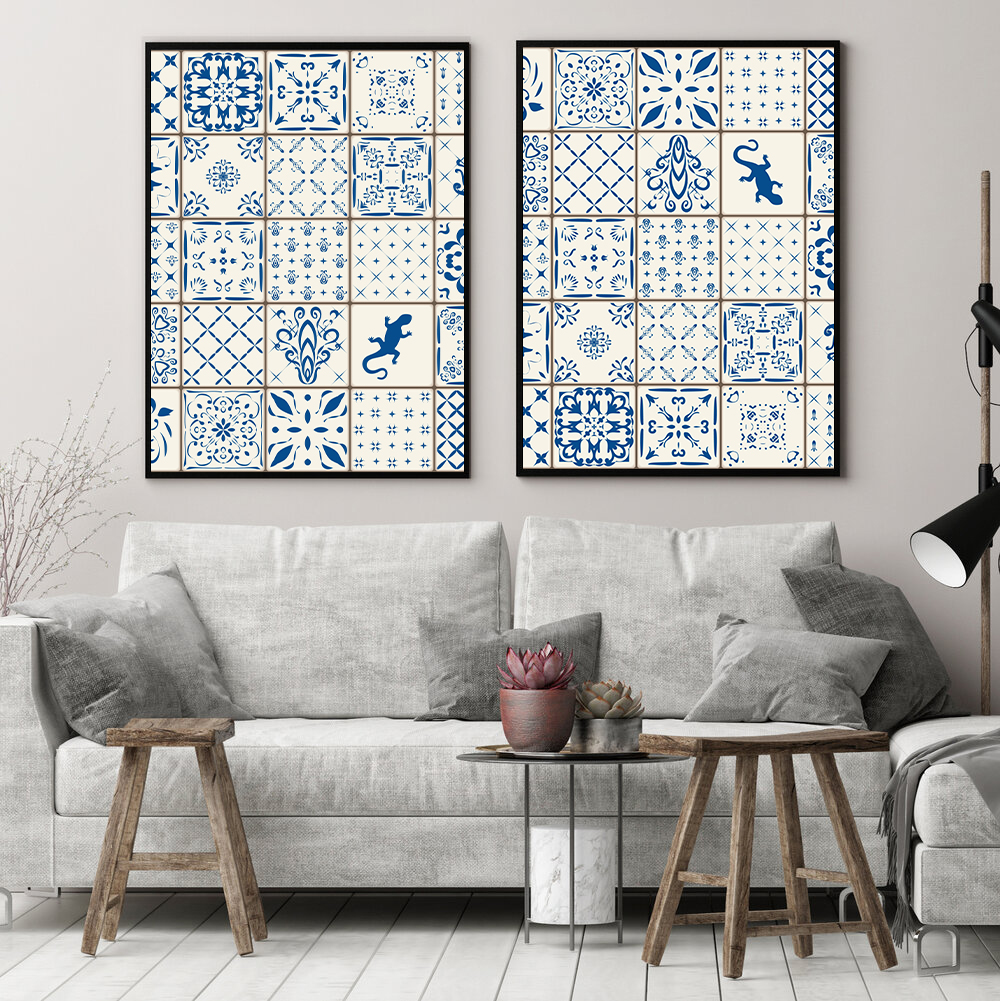 Blue Tile Collage 2 wall art - 2 print set