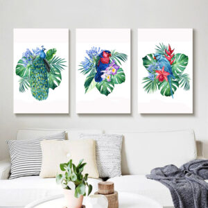 Colorful Birds on Leaves wall art - 3 print set