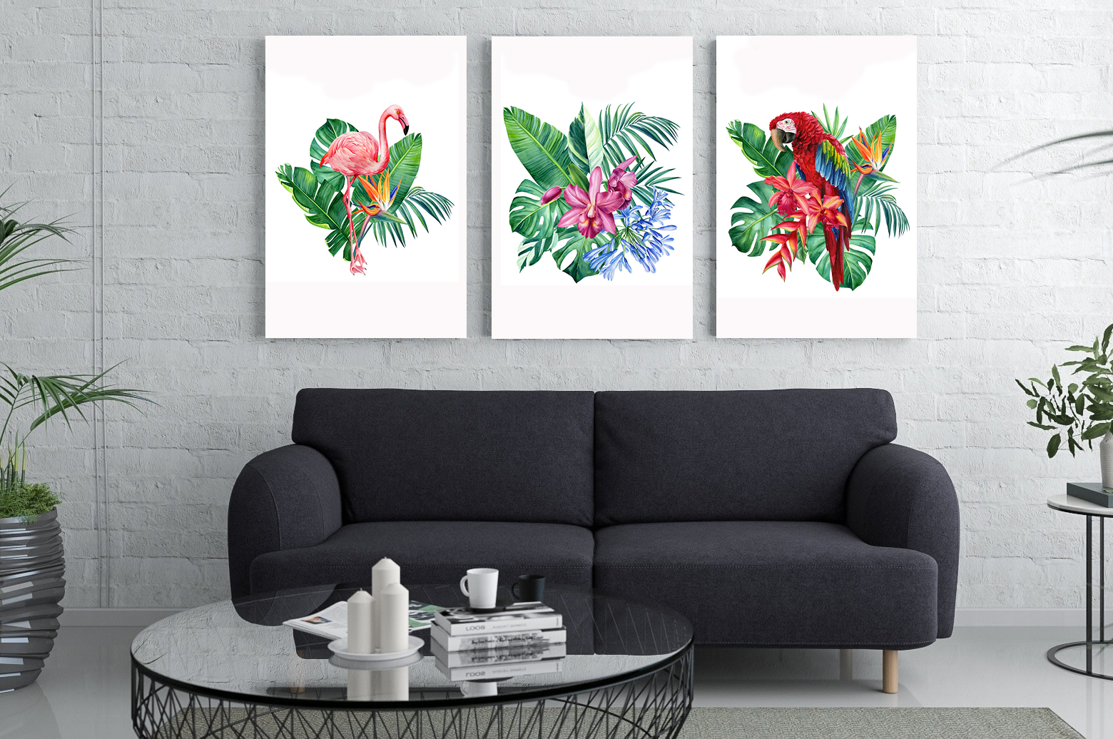 Colorful Birds on Leaves 2 wall art - 3 print set