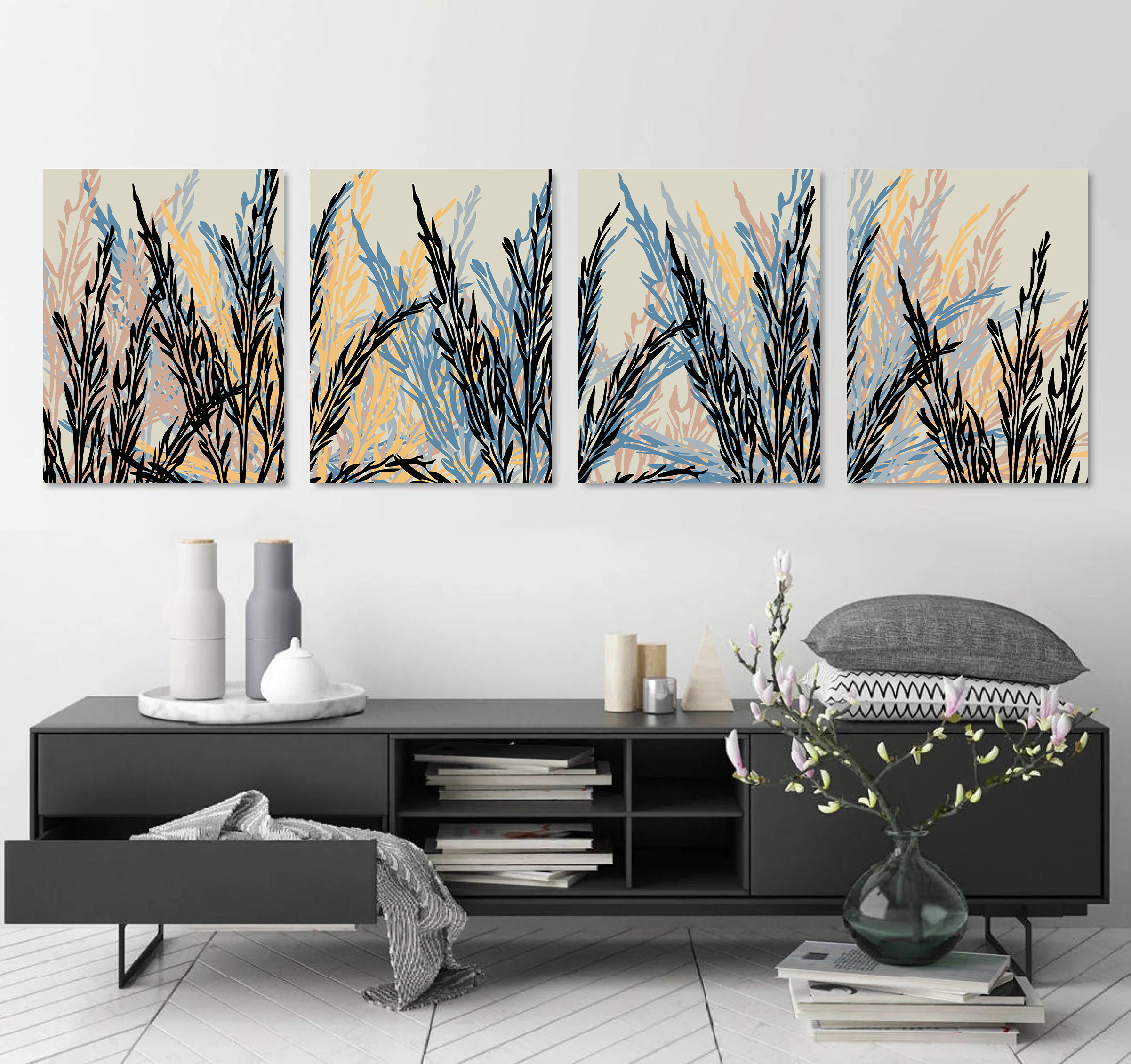 Colored Plants Reflected wall art - 4 print set
