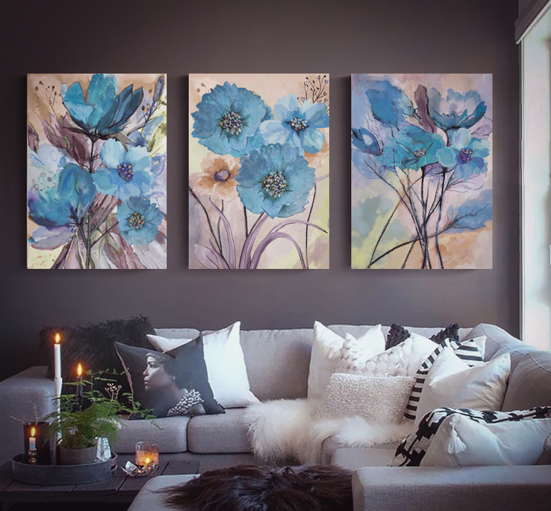 Abstract Blue Flowers wall art - 3 print set