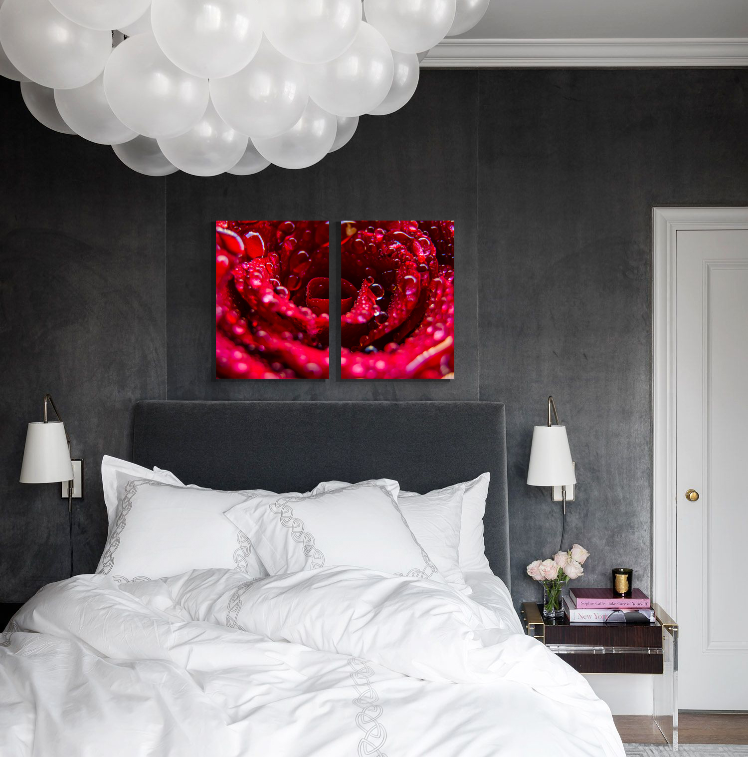 Dewdrops on Red Rose wall art - 2 print set