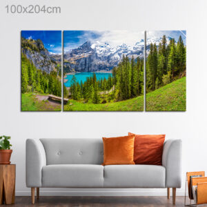 Oeschinnensee with waterfalls and Swiss Alps, Kandersteg, Berner Oberland, Switzerland