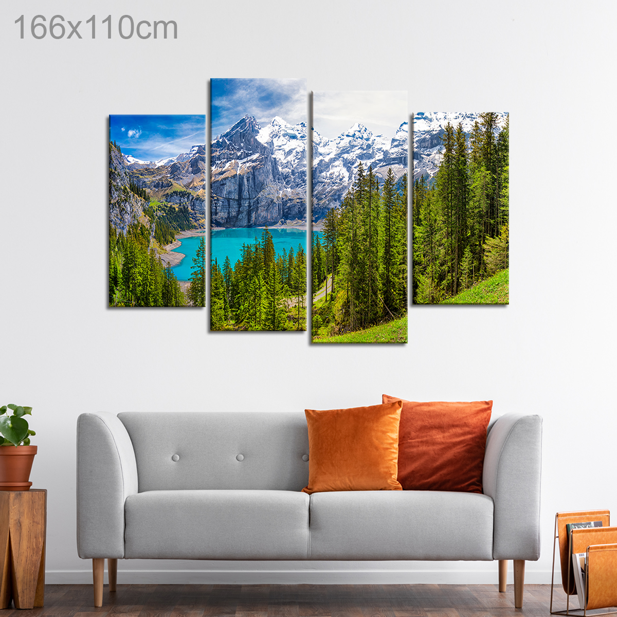 Oeschinnensee with waterfalls and Swiss Alps, Kandersteg, Berner Oberland, Switzerland